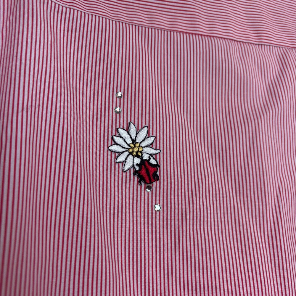 Las Olas Ladybug Embroidered Shirt Womens Small Red Pinstripe Rhinestone Vintage - Picture 13 of 15